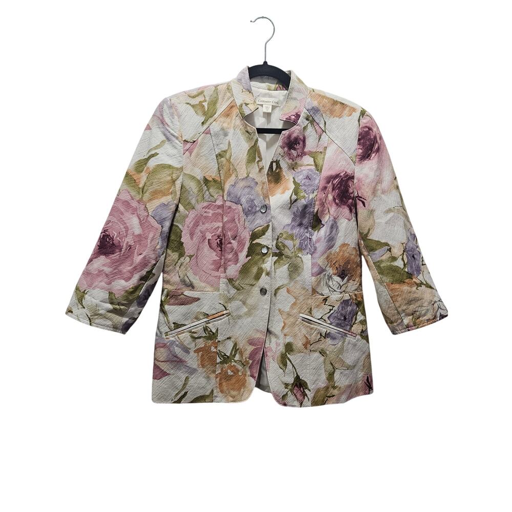 Coldwater Creek Floral Tapestry Blazer Jacket Women's 12 Cotton 3/4 Sleeve